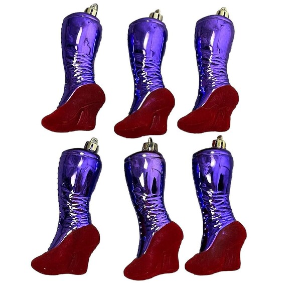 Christmas Ornaments Boots‎ High Heel Victorian Spats Purple Red Flock Set 6 Ikea - Picture 2 of 5